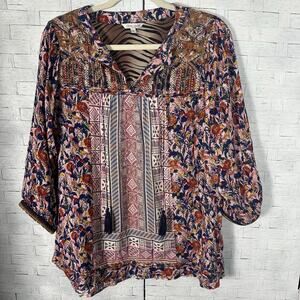 John Mark woman’s Bohemian blouse 3/4 sleeve floral hippie embroidered tassels ￼